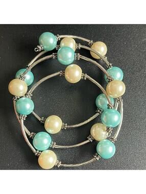 Pearl and Turquoise Beaded Silver Bracelet Set